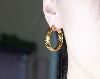 Large Gold Hoop Earrings- 30mm Gold Hoop Earrings -Gold Wheat Ear Earrings - Stainless Steel Hoops Earrings -Delicate Earrings- Gift for Her