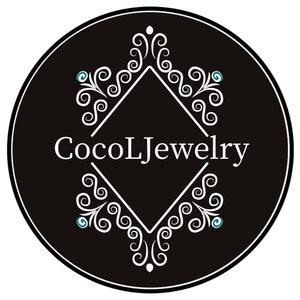 May include: Black and white logo with the text "CocoLJewelry" in a white diamond shape with decorative swirls and blue accents.