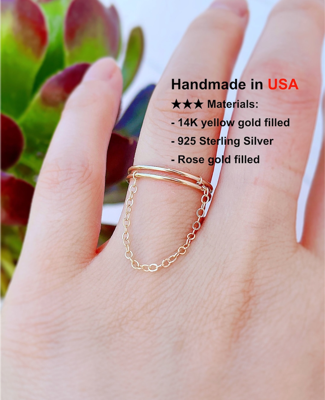 14K Gold Filled Double Chain Ring/ Sterling Silver Chain Linked Double ...