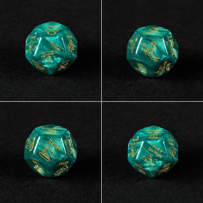 four images of a green dice with gold writing on it