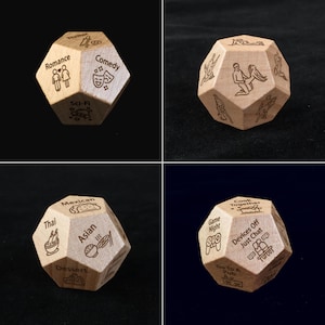 three different images of a wooden dice with writing on it