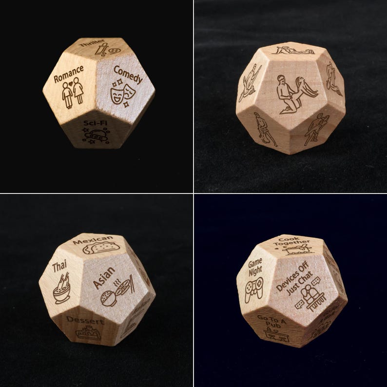 three different images of a wooden dice with writing on it