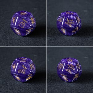 four pictures of a purple candy with gold lettering