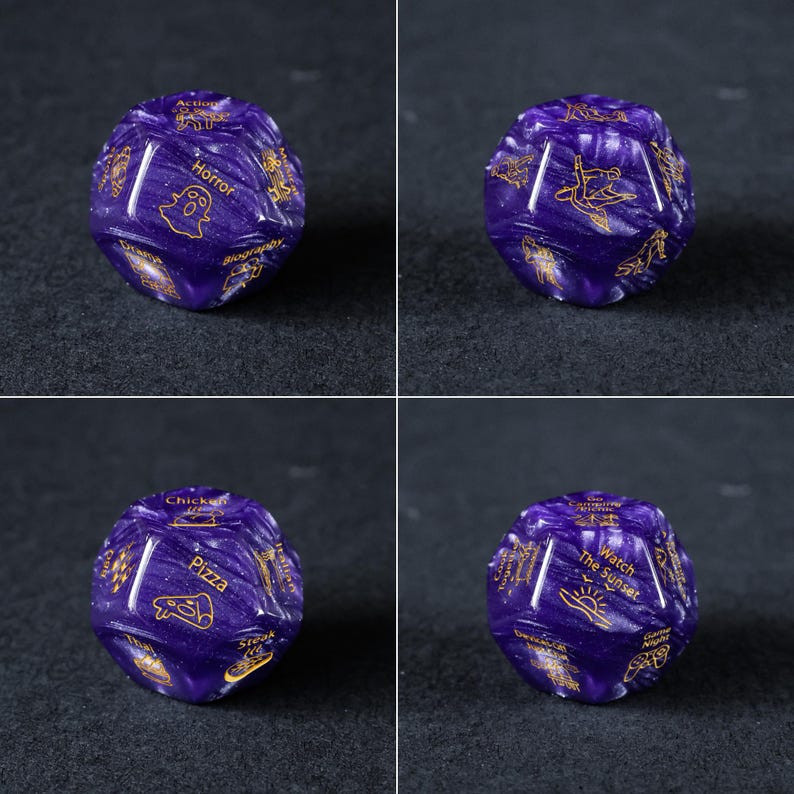 four pictures of a purple candy with gold lettering