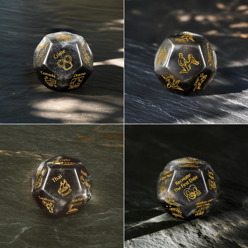 three different views of a dice with gold writing