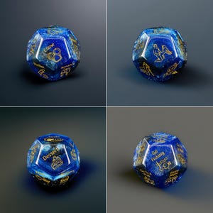 four images of a blue dice with gold lettering