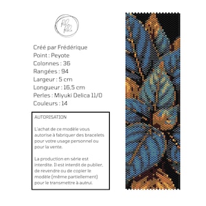 May include: A rectangular beaded pattern featuring a botanical design of blue and gold leaves on a black background. The text includes specifications like 36 columns, 94 rows, 5 cm width, 16.5 cm length, and 14 colors using Miyuki Delica 11/0 beads.