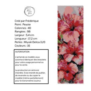 Peut inclure: Un motif de perlage rectangulaire avec un design floral dans des tons de rouge, rose et vert. Le texte indique 40 colonnes, 98 rangées, des dimensions de 5,4 cm sur 17,2 cm, et des perles Miyuki Delica 11/0, avec des instructions sur les droits d'usage.