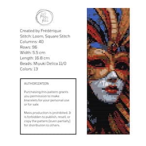 May include: A rectangular beadwork pattern featuring a Venetian mask design in shades of orange, red, blue, and white. Text includes: Created by Frédérique, Stitch: Loom, Square Stitch, Columns: 40, Rows: 96, Width: 5.5 cm, Length: 16.8 cm, Beads: Miyuki Delica 11/0, Colors: 13.