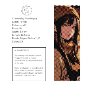 Può includere: Un motivo di perline a punto peyote raffigurante un personaggio in stile anime con capelli scuri e un berretto dai toni caldi. Il design utilizza 13 colori di perline Miyuki Delica 11/0, misura 5,4 cm per 16,5 cm, con 40 colonne e 94 righe.