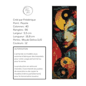 May include: A rectangular beadwork pattern featuring a stylised face with a yin-yang symbol on the forehead and another at the bottom. The design uses 12 colours of Miyuki Delica 11/0 beads in a peyote stitch, measuring 5.5 cm by 16.8 cm with 40 columns and 96 rows.