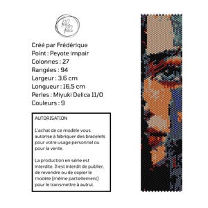 May include: A beaded bracelet pattern with a portrait design. The pattern is 1.4 inches wide and 6.5 inches long. The design uses 9 colors and Miyuki Delica 11/0 beads. The text says "Created by Frédérique".
