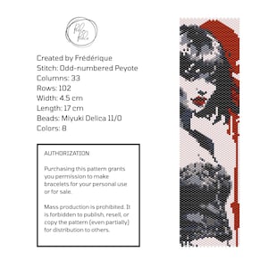 Könnte beinhalten: Ein Perlenporträt einer Frau mit roten Lippen und rotem Hintergrund. Das Kunstwerk wird mit dem ungeraden Peyote-Stich erstellt, mit einer Breite von 4,5 cm und einer Länge von 17 cm. Das Muster wurde von Frédérique erstellt.