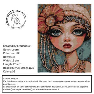 May include: A beadwork pattern featuring a stylised portrait of a person wearing a decorative headpiece with a large flower and dangling beaded strands. The design measures 15 cm by 20 cm, uses 16 colours of Miyuki Delica 11/0 beads, and is created for a loom stitch technique with 112 columns and 116 rows.