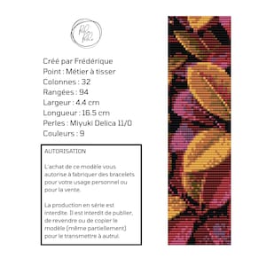 Peut inclure: Un motif de perlage rectangulaire avec un design de feuilles dans des tons jaune, orange, violet et rouge sur fond noir. Le texte indique : 32 colonnes, 94 rangées, 4,4 cm de largeur, 16,5 cm de longueur, 9 couleurs et perles Miyuki Delica 11/0. Créé par Frédérique pour métier à tisser.