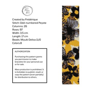 Peut inclure: Un motif de perles avec un motif floral dans les tons de jaune, noir, gris et blanc. Le motif mesure 17 cm de long et 3,5 cm de large. Le texte sur l'image indique "Créé par Frédérique" et des perles "Miyuki Delica 11/0".