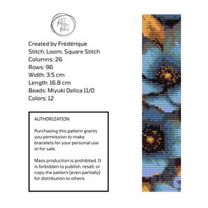 Puede incluir: Un patrón de cuentas rectangular con un diseño floral en tonos azul, dorado y negro. El texto incluye especificaciones: Stitch: Loom, Square Stitch, Columns: 26, Rows: 96, Width: 3.5 cm, Length: 16.8 cm, Beads: Miyuki Delica 11/0, Colors: 12.