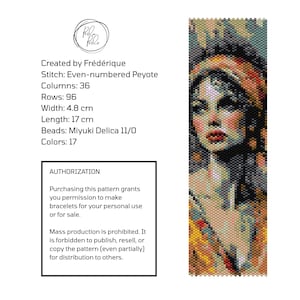May include: A rectangular beadwork pattern featuring a portrait of a person wearing a headband, created with 36 columns and 96 rows of Miyuki Delica 11/0 beads. The design measures 4.8 cm by 17 cm, uses 17 colors, and is titled Created by Frédérique.