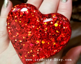 Huge Red Sparkly Heart Ring, Statement Ring, Big Bling, Over the Top Glitter Heart Ring, Chunky Resin Ring, Cute Resin Jewelry by isewcute