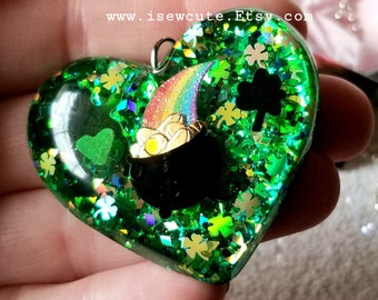 Luck Gift for Her, Green St Patrick's Day Necklace, Rainbow Resin Jewelry, Green Necklace, Cute Pot of Gold Green Heart Pendant by isewcute