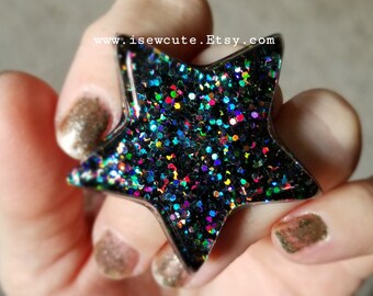 Big Statement Ring, Chunky Resin Ring, Black Star Ring, Catch a Falling Star Rainbow Galaxy RIng, Cute Large Star Ring Handmade by isewcute