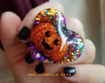 Halloween Pumpkin Ring, Sparkly Orange Heart Ring, Unique Spooky-cute Statement Jewelry for Halloween Handmade in Ohio by isewcute