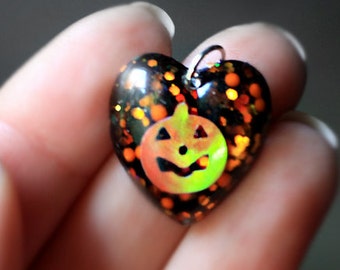 Handmade Resin Jack O'Lantern Necklace, Halloween Party Favor, Orange Black Sparkle Pendant by isewcute