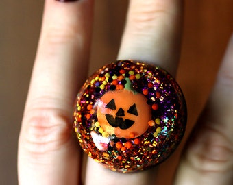 Happy Halloween Jewelry Trick or Treat Jack O' Lantern Spooky Halloween Ring, Giant Orange Adjustable Ring by isewcute - Last One Available