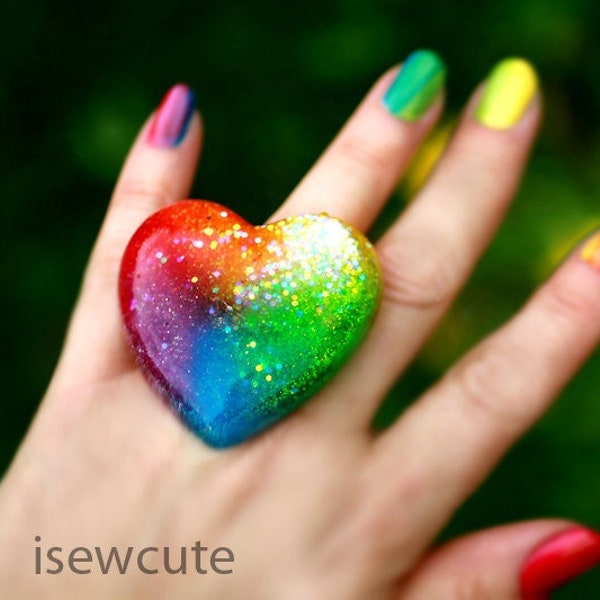 Resin Rainbow Bright Glitter Neon Summer Ring, Big Heart Shaped Glitter Statement Jewelry, Intense ROYGBV Colorful, Handmade by isewcute