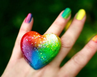 Resin Rainbow Bright Glitter Neon Summer Ring, Big Heart Shaped Glitter Statement Jewelry, Intense ROYGBV Colorful, Handmade by isewcute