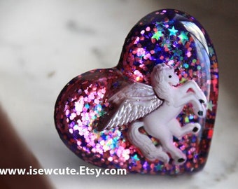 Unique Pegasus Ring, Huge Sparkly Pegasus Ring, Glittery Statement Horse Jewelry, Purple Heart Ring, Unique Gift for SciFi Lover by isewcute