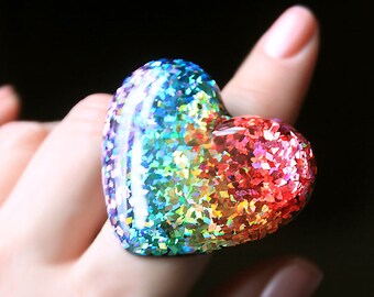 Rainbow Ring, ROYGBIV Rainbow Gradient Ring, all the colors of the rainbow, huge adjustable size heart ring handcrafted resin by isewcute