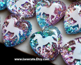 Unicorn Necklace, Unicorn Pendant, Pink Blue Glitter Pendant, Resin Heart Pendant, Girl's Unicorn Necklace, Sparkly Necklace Pink Chain