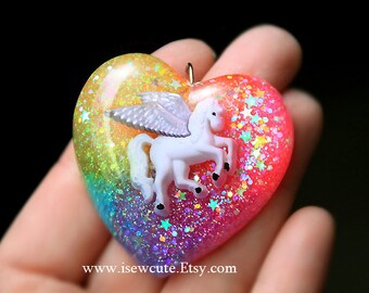 Awesome Pegasus Necklace, Rainbow Heart Necklace, Rainbow Pegasus Horse Glitter Pendant Chain & Gift Box Included, handcrafted by isewcute