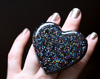 Huge Black Heart Resin Ring, Giant Black Sparkly Heart Statement Ring , Dark Heart Goth Fashion Big Bling Ring by isewcute