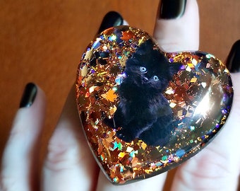 Cat Lover Spooky-cute Kitten Ring, Halloween Jewelry, Black Cat Ring, Unique ooak Halloween Jewelry Handcrafted by I Sew Cute