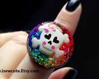 Rainbow Sparkles Skull & Crossbones Ring, Skull Jewelry, Harajuku Kawaii Adjustable Resin Statement Ring, Spooky Jewlery by isewcute