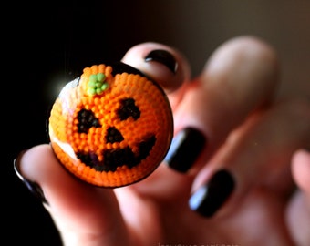 Halloween Jewelry Jack O' Lantern Pumpkin Ring Big Shiny Orange Black Novelty Ring, Handmade Halloween Statement Resin Jewelry by isewcute