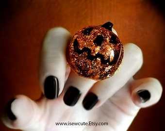 Happy Halloween Jewelry - Trick or Treat Jack O' Lantern - Spooky Pumpkin Ring - Giant Adjustable Halloween Party Bauble by isewcute