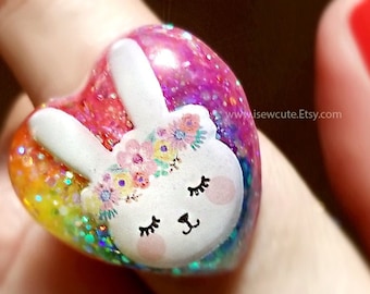 Rainbow Bunny Ring by isewcute, Cute Easter Ring, Little Girl Easter Gift, Easter Basket Stuffer, Non-candy Easter Treat, Kids Easter Gift