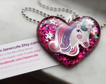Unicorn Birthday Party Necklace, Unicorn Believer Jewelry, Girl Necklace, Cute Pink Purple Sparkly Heart Glitter Pendant by isewcute on Etsy