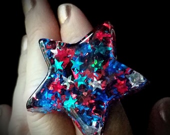 Red Blue Chunky Resin Star Ring Full of Twinkly Stars, Burlesque Patriotic July 4th Independence Day Jewelry Made in the USA by isewcute
