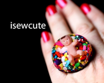 Surreal Jewelry, Novelty Ring, Candy Baby, Giant Resin Candy Sprinkles Dome Ring, Quirky Jewelry, Fun freaky weird conversation piece,