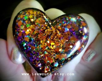 Harvest Time Jewelry, Fall Festival Colorful Resin Heart Orange Amber, Gold & Purple Sparkly Chunky Resin Ring, Fall Statement Ring