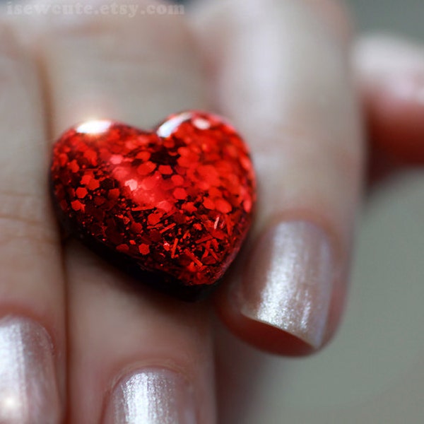 Girls Valentine Jewelry, red heart ring, resin ring adjustable size, Valentine gift for her, red heart love ring handcrafted by isewcute