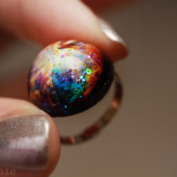 Orion Nebula, Galaxy Ring, Out of this World Fashion Statement Glitter Hubble Image, Modern Resin Dome Cosmic Galaxy Jewelry