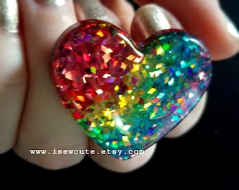 Rainbow Glitter Ring, ROYGBIV, adjustable heart shaped colorful cocktail ring - all the colors of the rainbow, handcrafted resin by isewcute