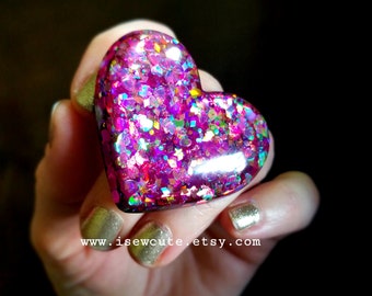 Huge Multicolor Sparkly Heart Ring, Statement Ring, Big Bling Over the Top Glitter Heart Ring, Chunky Resin Ring