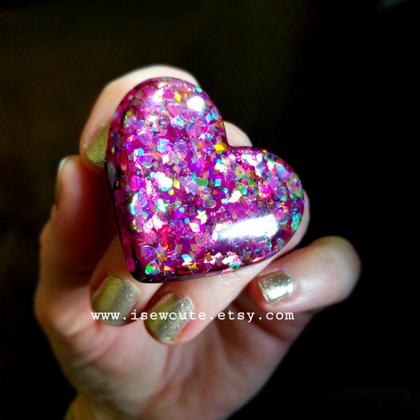 Huge Multicolor Sparkly Heart Ring, Statement Ring, Big Bling Over the Top Glitter Heart Ring, Chunky Resin Ring