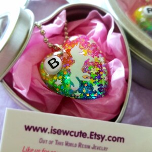 Little Girl 5 & Up Personalized Unicorn Necklace, Initial Pendant, Pink Glitter Heart Rainbow Unicorn Necklace in Heart Box